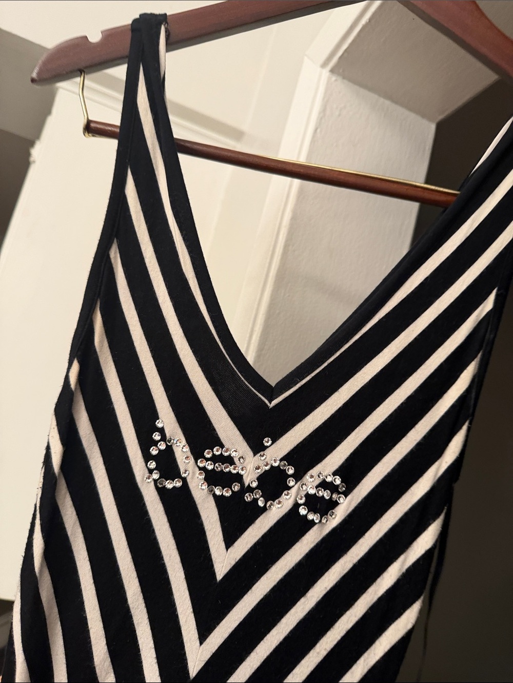 Bebe Black and White Striped Maxi Dress with Rhinestone Logo